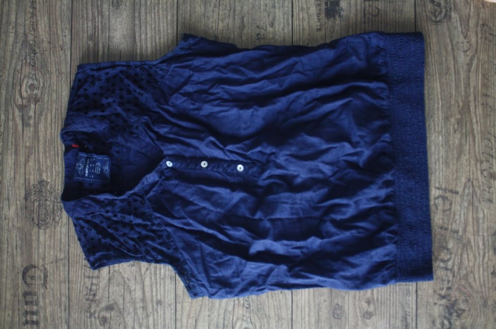 Manguun Bluse blaue Bluse reine Baumwolle L 40 Sommerbluse gesmokt