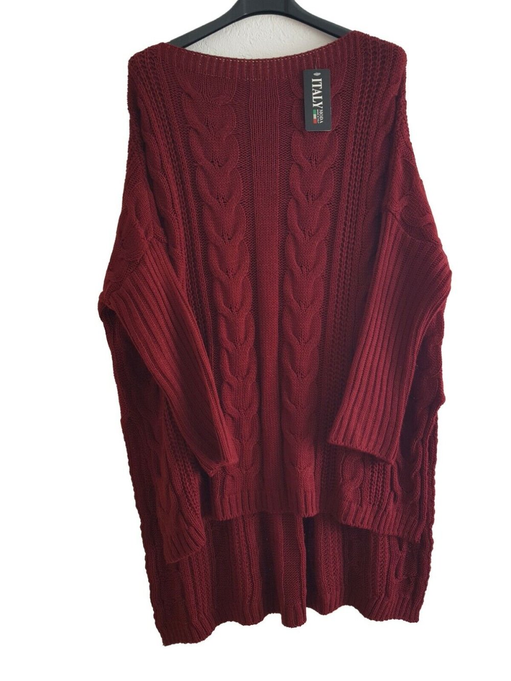 Damen Italy Vokuhila Strick Pullover Lang Grobstrickpullover Zopfmuster 44 /46 Bordeaux 