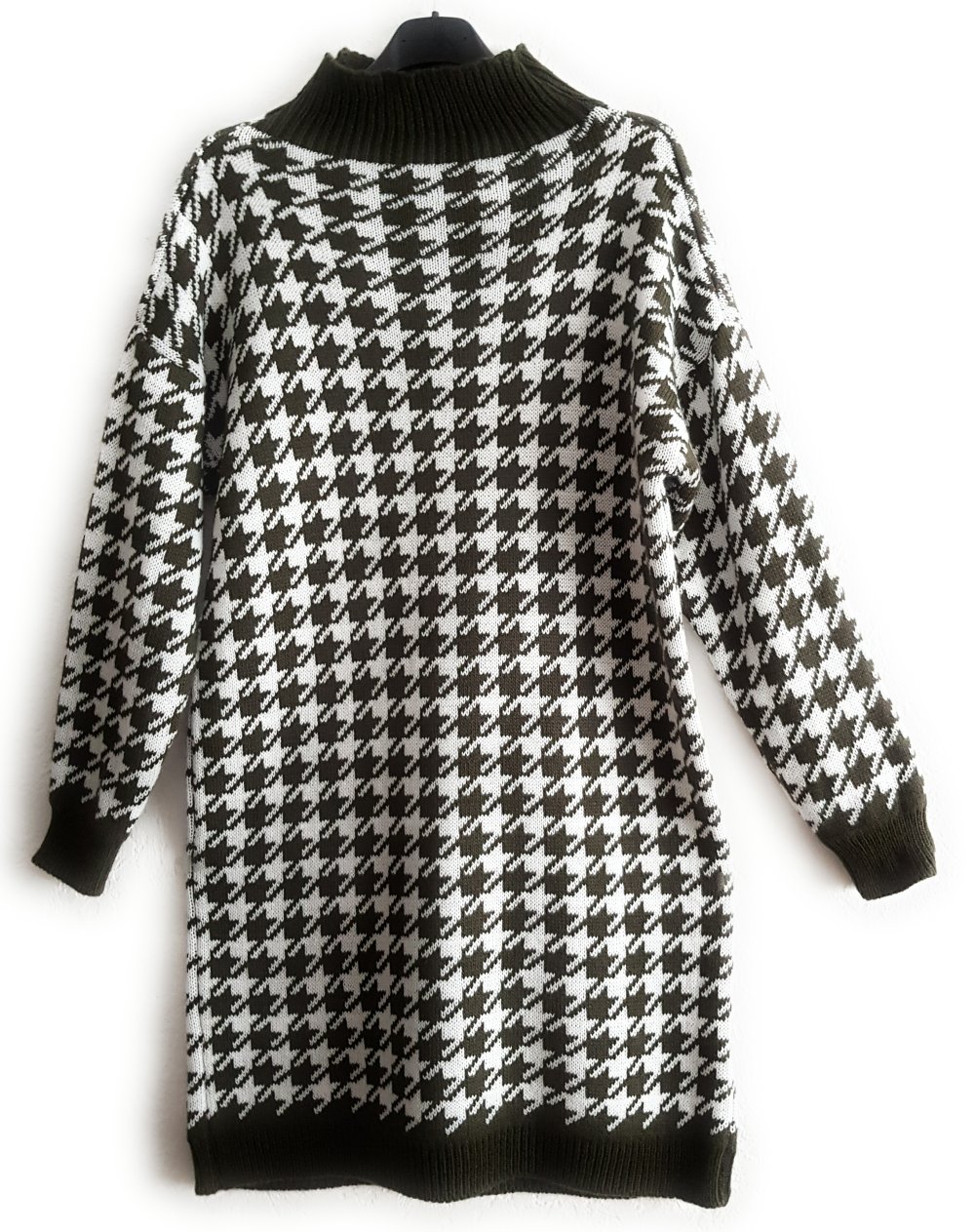 Damen Pullover Lang Strickkleid Hahnentritt mit Wolle Grün 42