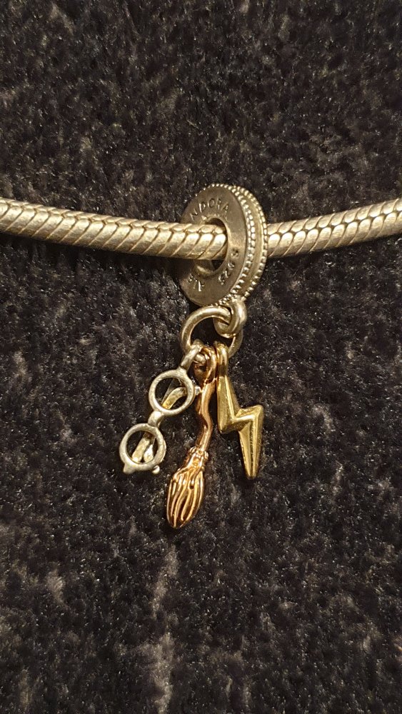 Pandora Harry Potter Insignien Dangle Charm Brille Besen Blitz Zauberer Hogwarts, silber, rosé, gold, Zustand SEHR GUT, original