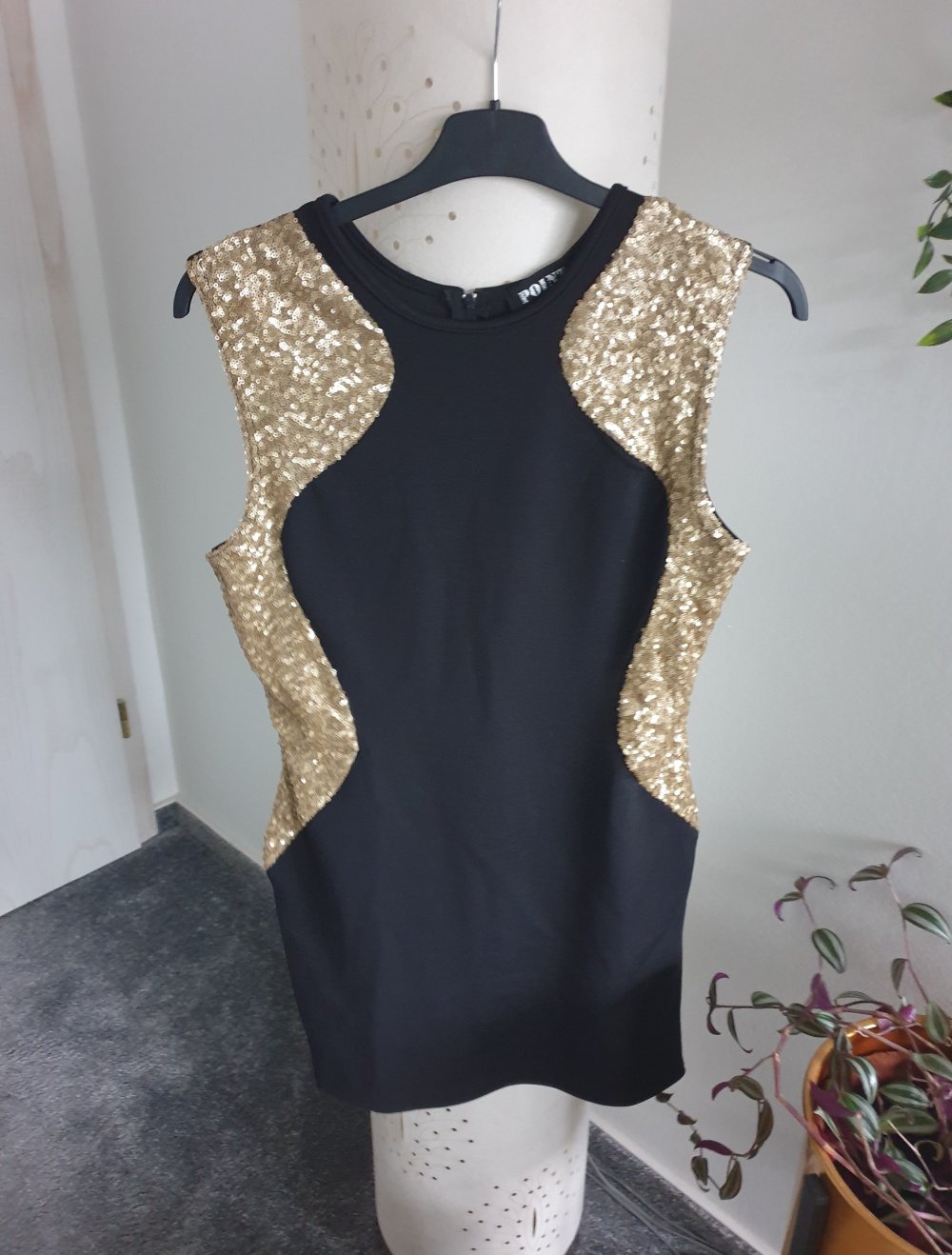 Kleid Gr 38 Mit Pailletten Gold schwarz schick eleganz