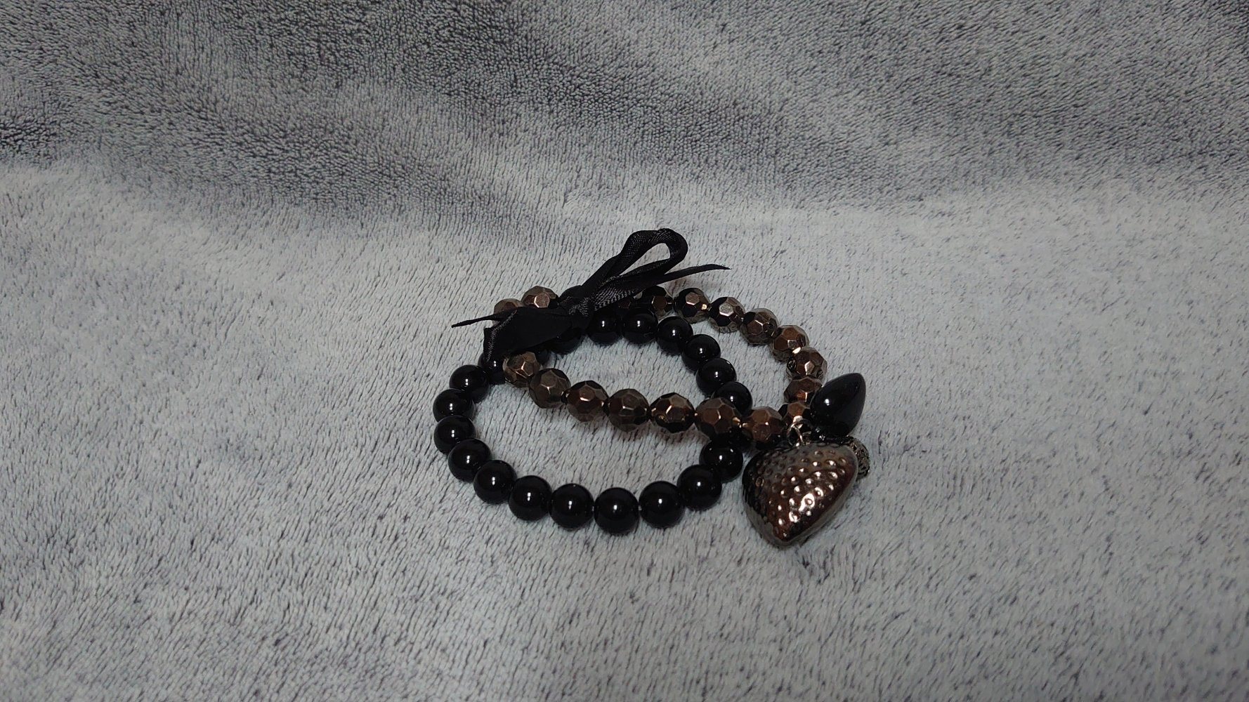 Armband Perlenarmband Set Silber schwarz Herz Perlen Vintage 