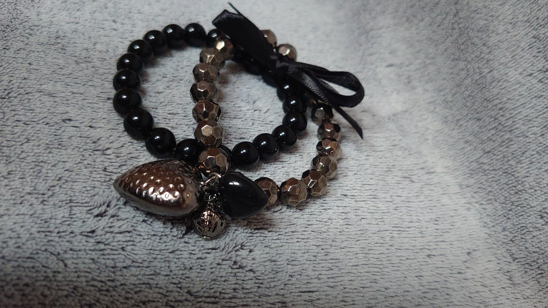 Armband Perlenarmband Set Silber schwarz Herz Perlen Vintage 