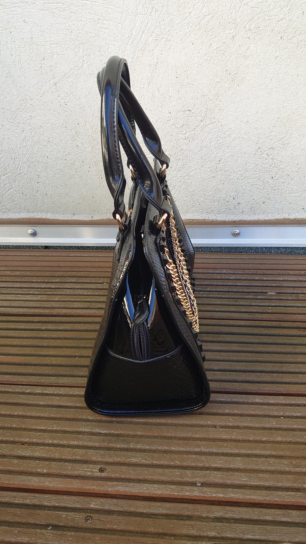 Tasche Handtasche Alfredo Pauly schwarz gold Lack Schlangenmuster 32 cm Breit 24 cm Hoch 14 cm Tief