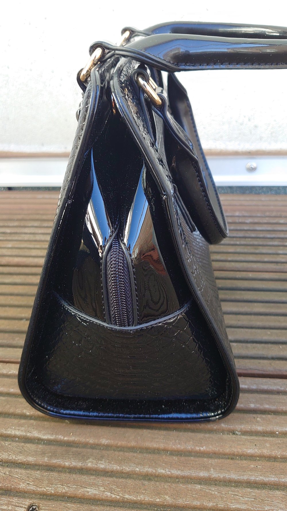 Tasche Handtasche Alfredo Pauly schwarz gold Lack Schlangenmuster 32 cm Breit 24 cm Hoch 14 cm Tief