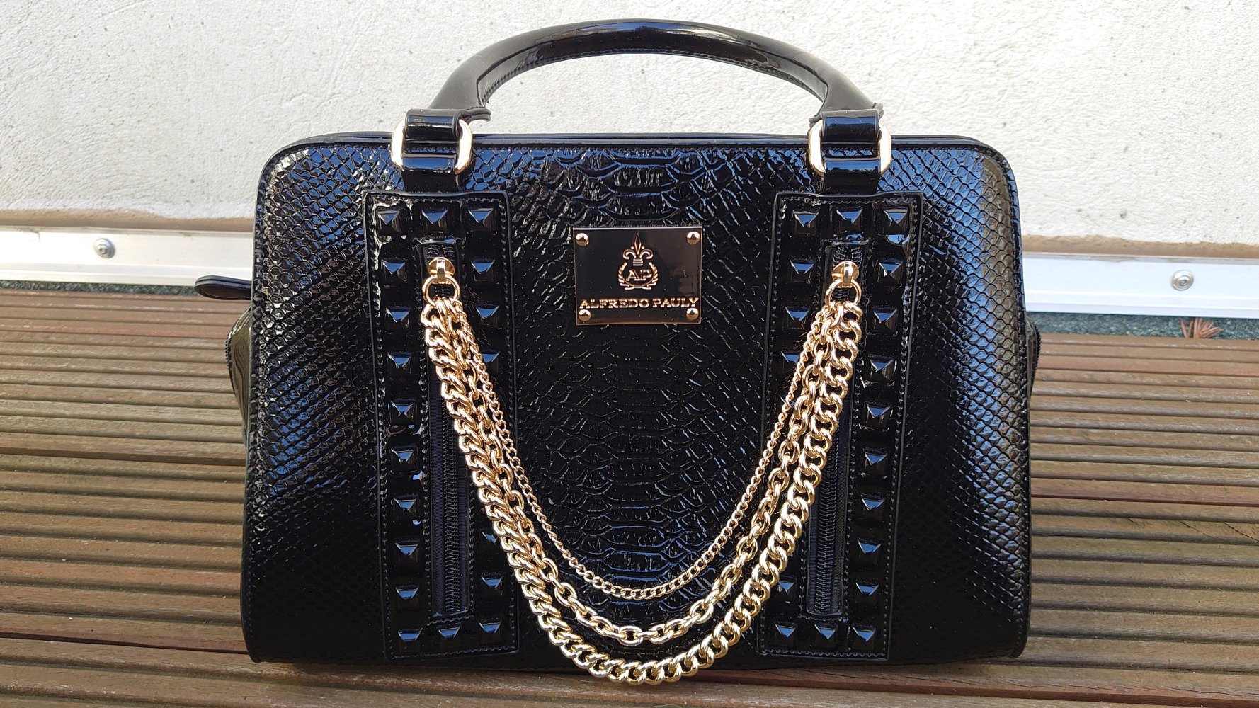 Tasche Handtasche Alfredo Pauly schwarz gold Lack Schlangenmuster 32 cm Breit 24 cm Hoch 14 cm Tief