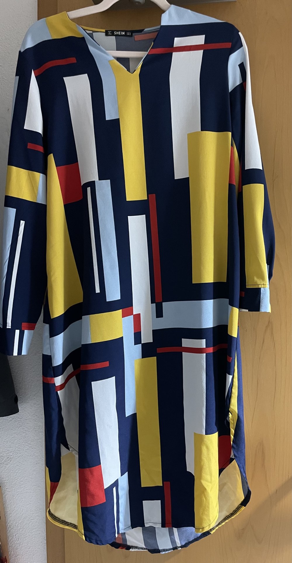 Gelb blau rot gemustertes Langarm Midikleid S