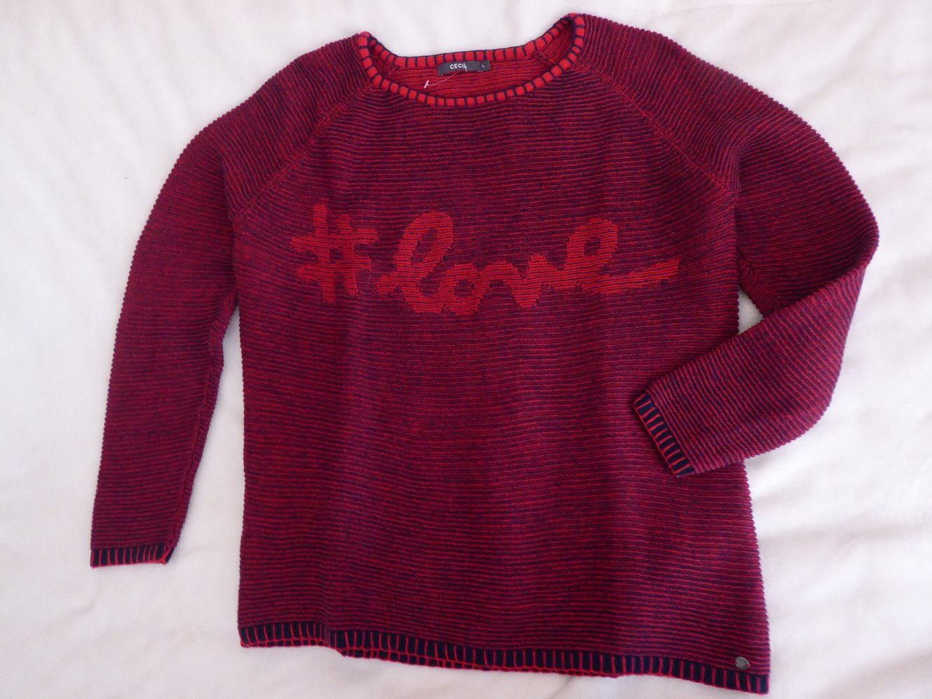 Damen Pullover Gr. L 42 44 CECIL Brust 59 cm rot blau Pulli Strick Grobstrick