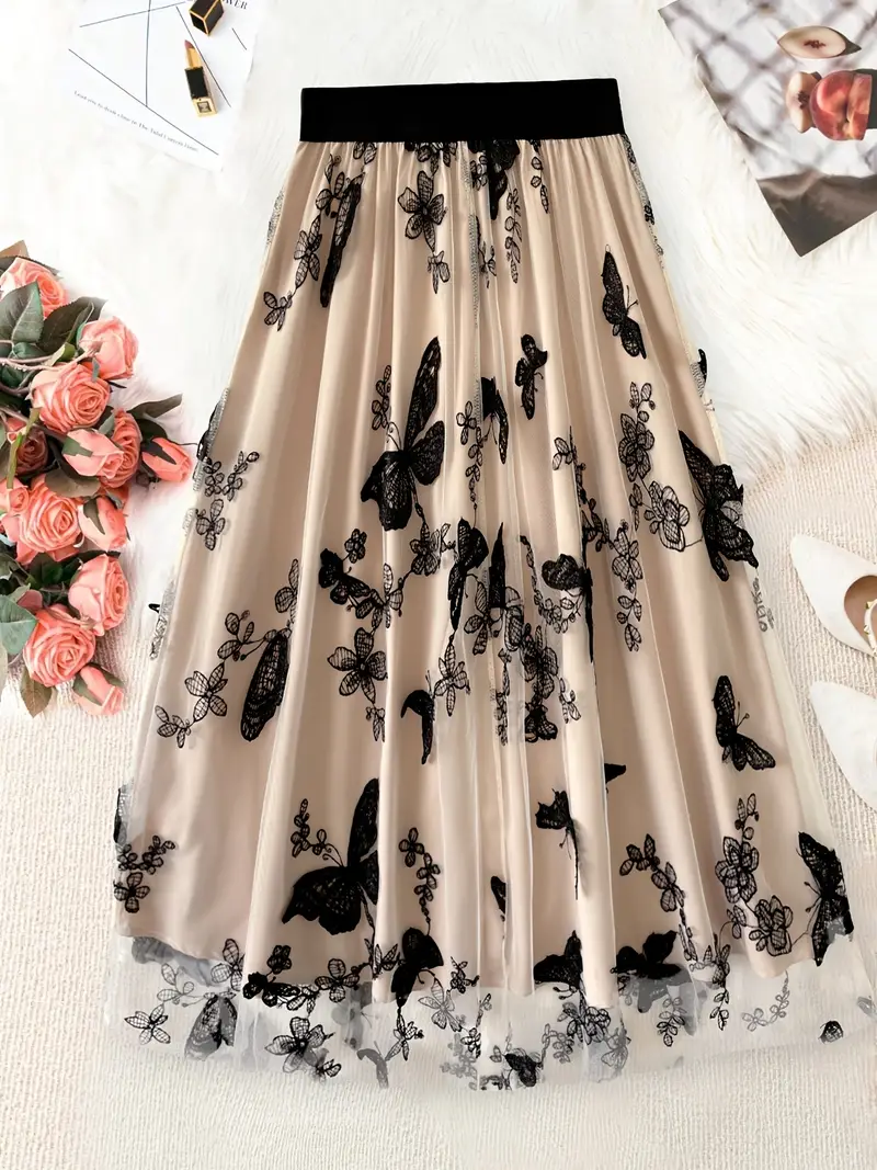 Rock NEU S 34 36 38 Tüllrock 70 cm Sommerrock nude apricot schwarz A-Linie Midi