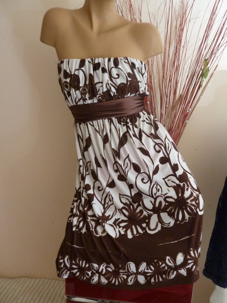 Kleid Sommerkleid Coctailkleid Partykleid 38 40 S M braun weiß Länge 81 cm dehnbar