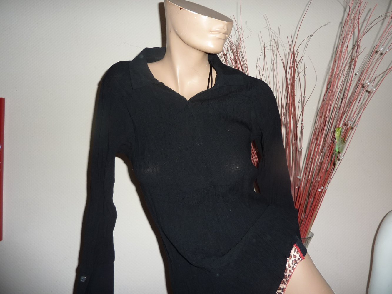 Bluse ZARA 38 40 M schwarz Poloshirt Polobluse Viskose langarm mit Kragen