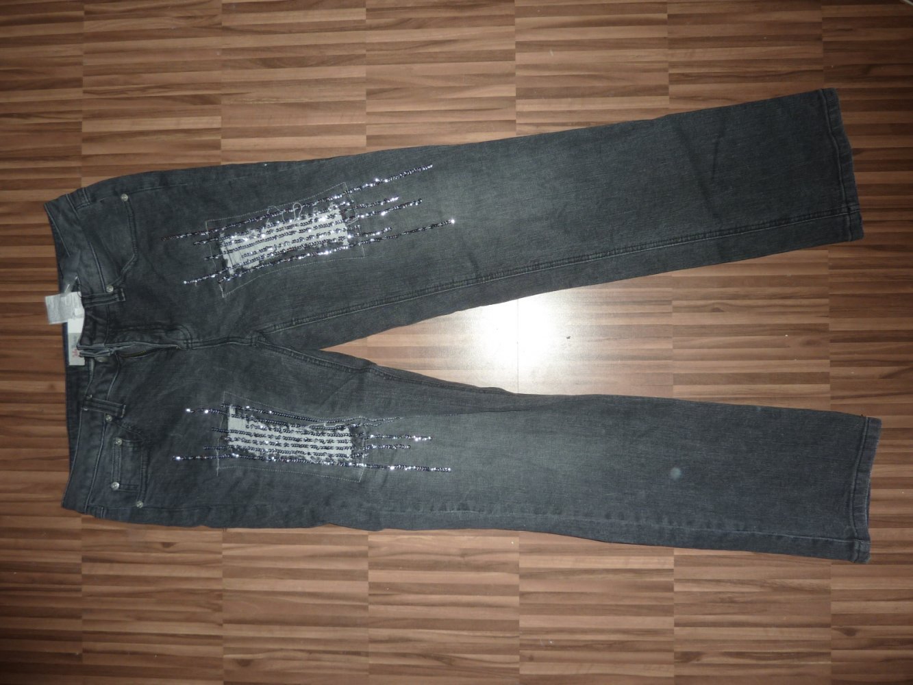Damen Jeans Hose Gr. 40 Pailetten John Baner destroyed anthrazit grau NP 79 €