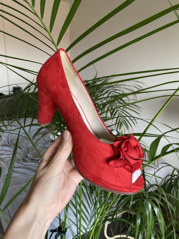 NEU! Kirschrote Peeptoe Pumps Gr. 38 von Andrea Conti – Rote High Heel Sandaletten – Stil Flamenco Salsa