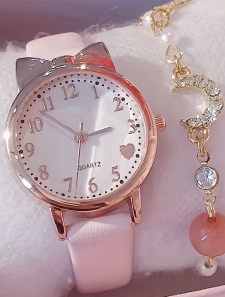 Katzen Armbanduhranalog Anime  mit Armband Stern Mond Weiß Roségold Farben  neu ovp