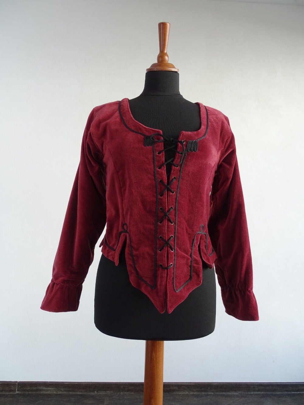 Rote Samt Miederjacke Geschnürt Samtbluse Langärmliges Oberteil LARP Mittelalter, Leonardo Carbone 36-38, S, M