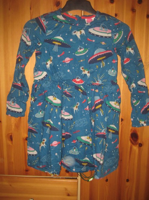 Mini Boden petrolfarbenes Langarm -langes Kleid, Herbst/Winter, Ufos, Hunde, 128