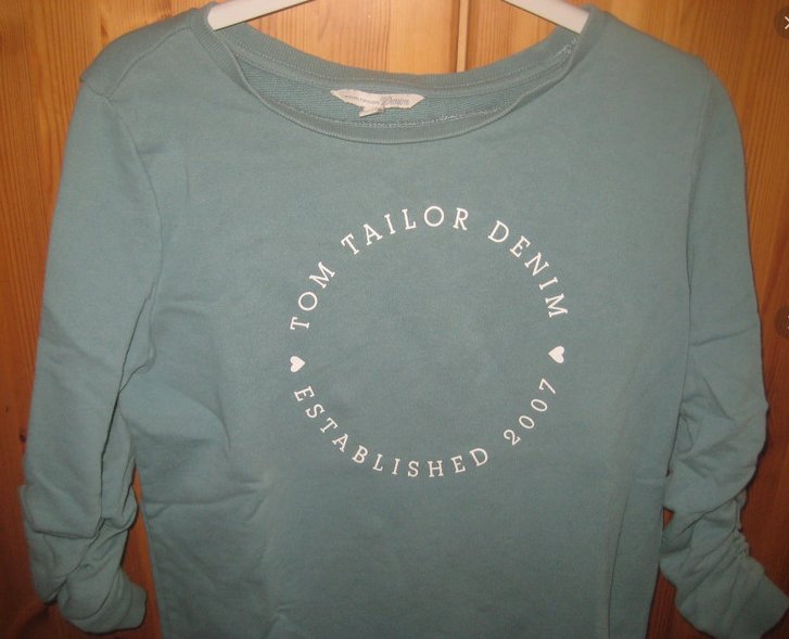 Petrol-farbener Tom Tailor Pullover, geraffte Ärmel, Gr. S