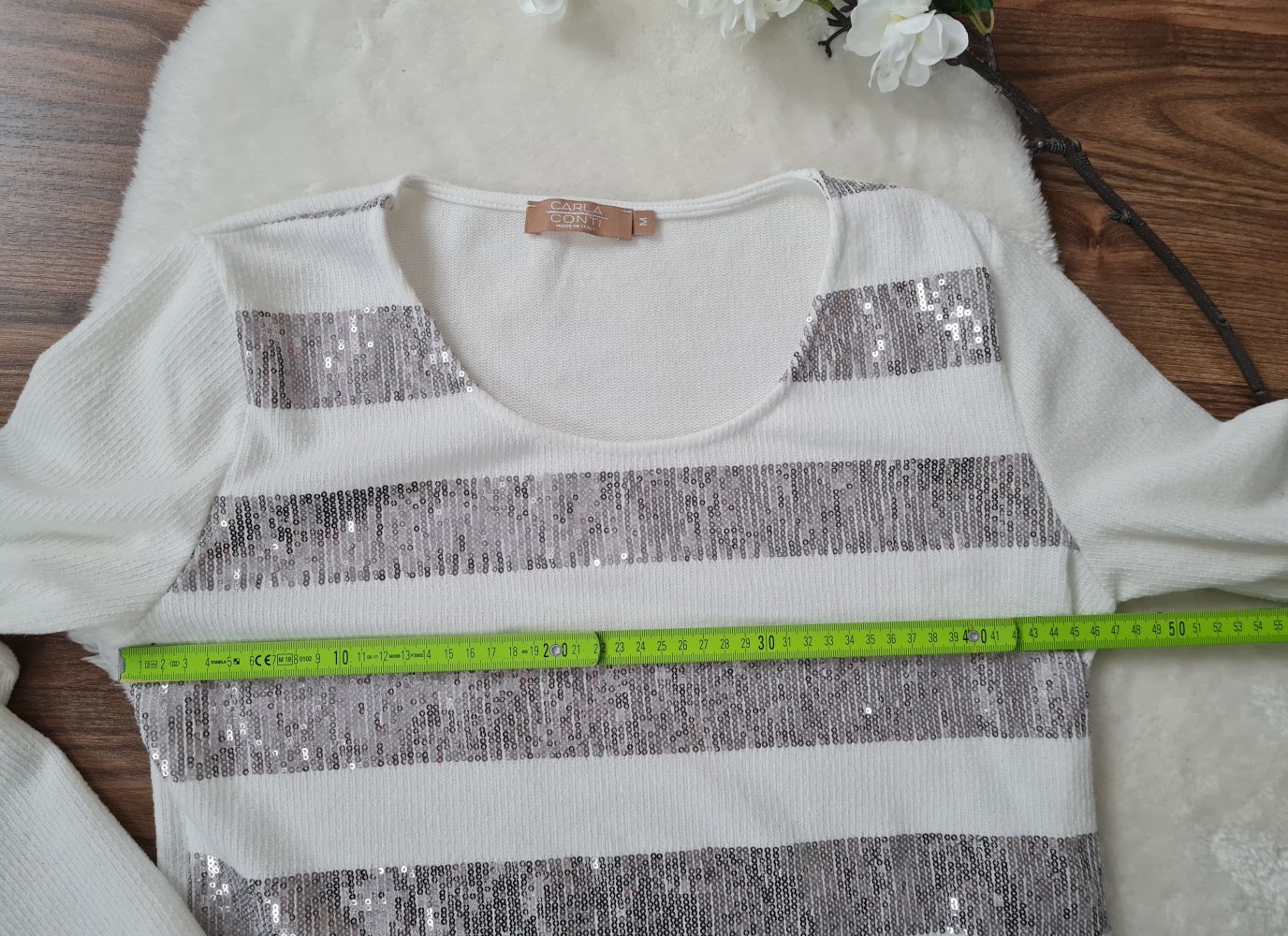Weißer Pullover Gestreift Silberne Pailletten NEU Gr. 38
