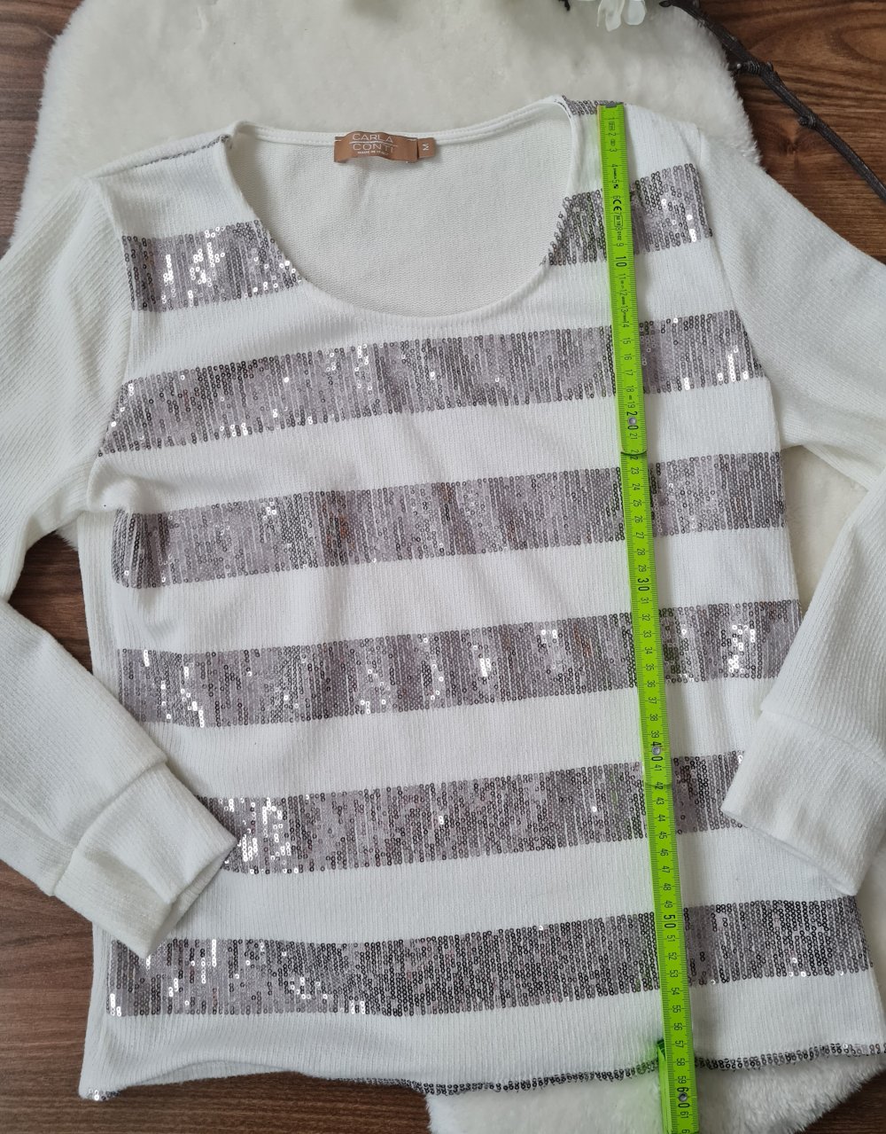 Weißer Pullover Gestreift Silberne Pailletten NEU Gr. 38