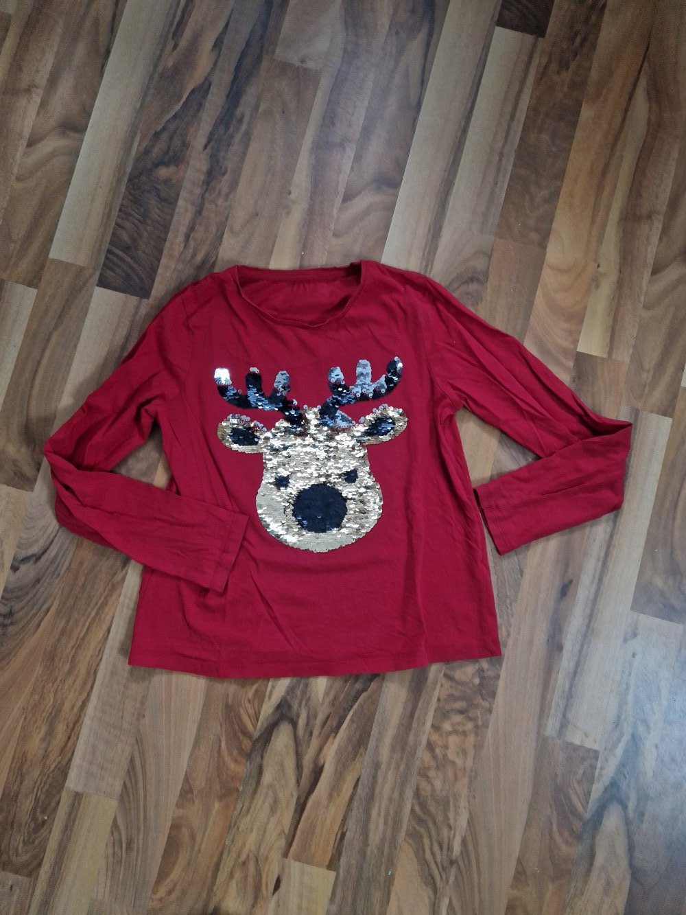 LA-Shirt rot Pailletten 146 152 Weihnachten Rentier 