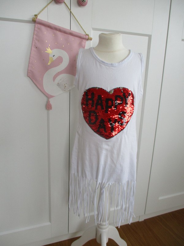 Tunika Gr. 128, 134, 140, Kleid, Mädchen, Strand, Fransen, Sommer, weiß, Wendepailletten