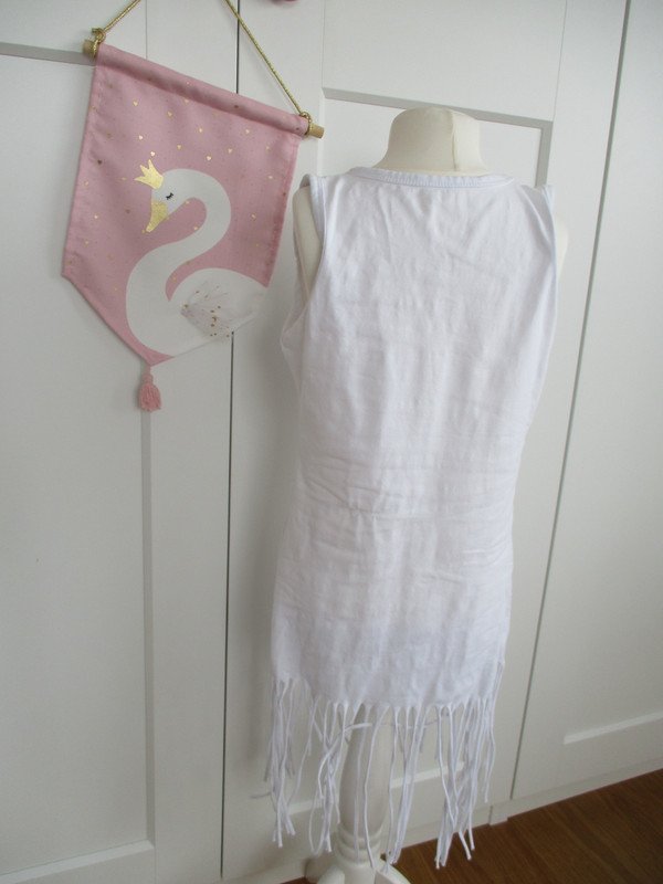 Tunika Gr. 128, 134, 140, Kleid, Mädchen, Strand, Fransen, Sommer, weiß, Wendepailletten