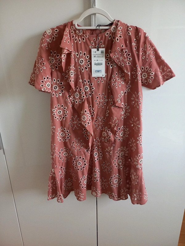 NEU! Zara Blogger Kleid Vintage Gr 38, M, Damen, Boho, altrosa, Mini, festlich, Volants, Sommer, Kurzarm