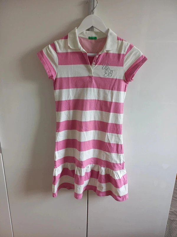 United Colors of Benetton Kleid Gr 140/146 Mädchen, Sommer, Italienmode, Polo, Ringel, Rosa, weiss