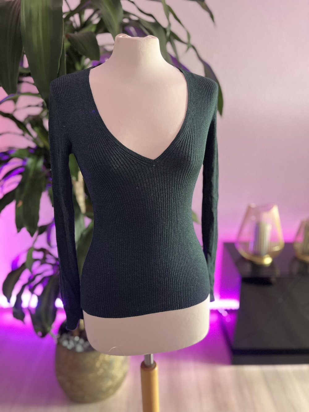 Langarmshirt Grün Glitzer H&M XS V-Ausschnitt Langarm Shirt Pullover Pulli