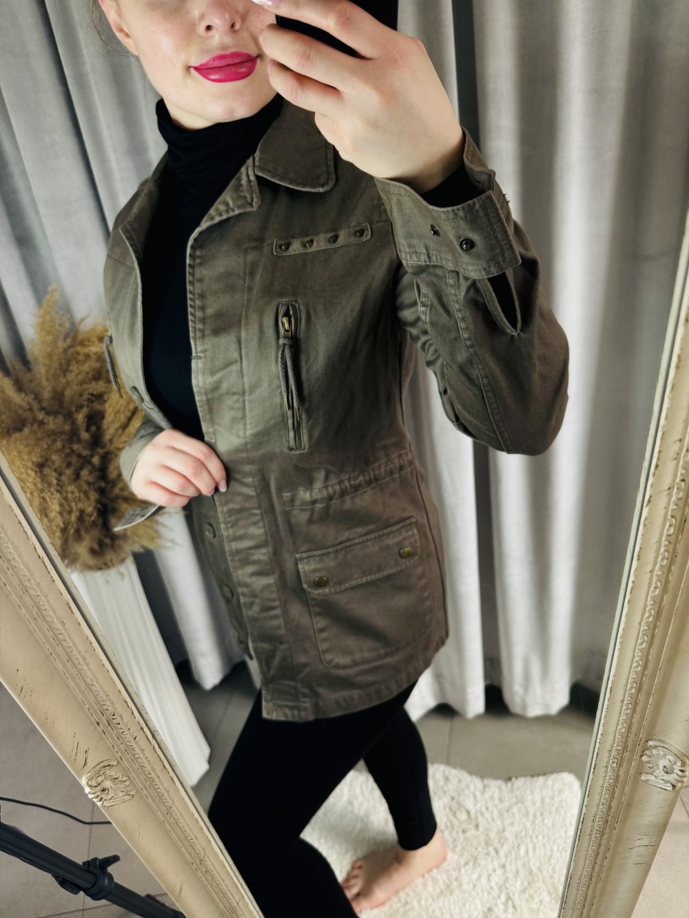Schöne Jacke Utility-Jacke Utility Damen Taillienkordelzug Kragen Nieten Taschen