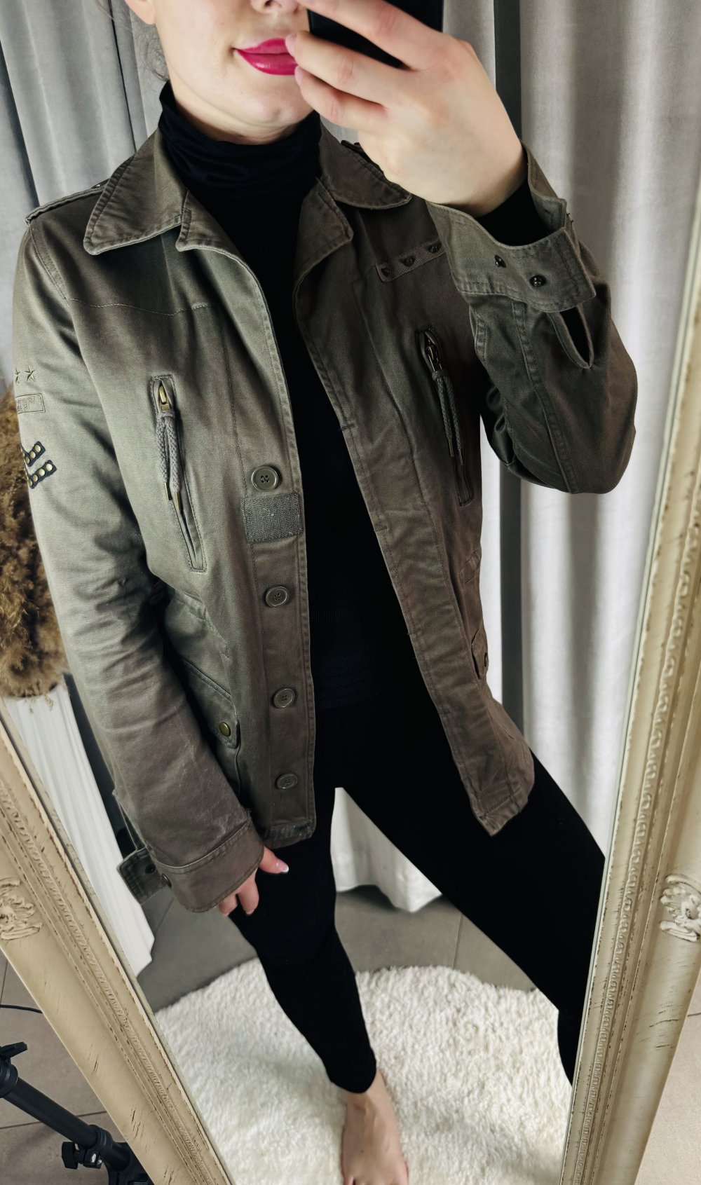 Schöne Jacke Utility-Jacke Utility Damen Taillienkordelzug Kragen Nieten Taschen