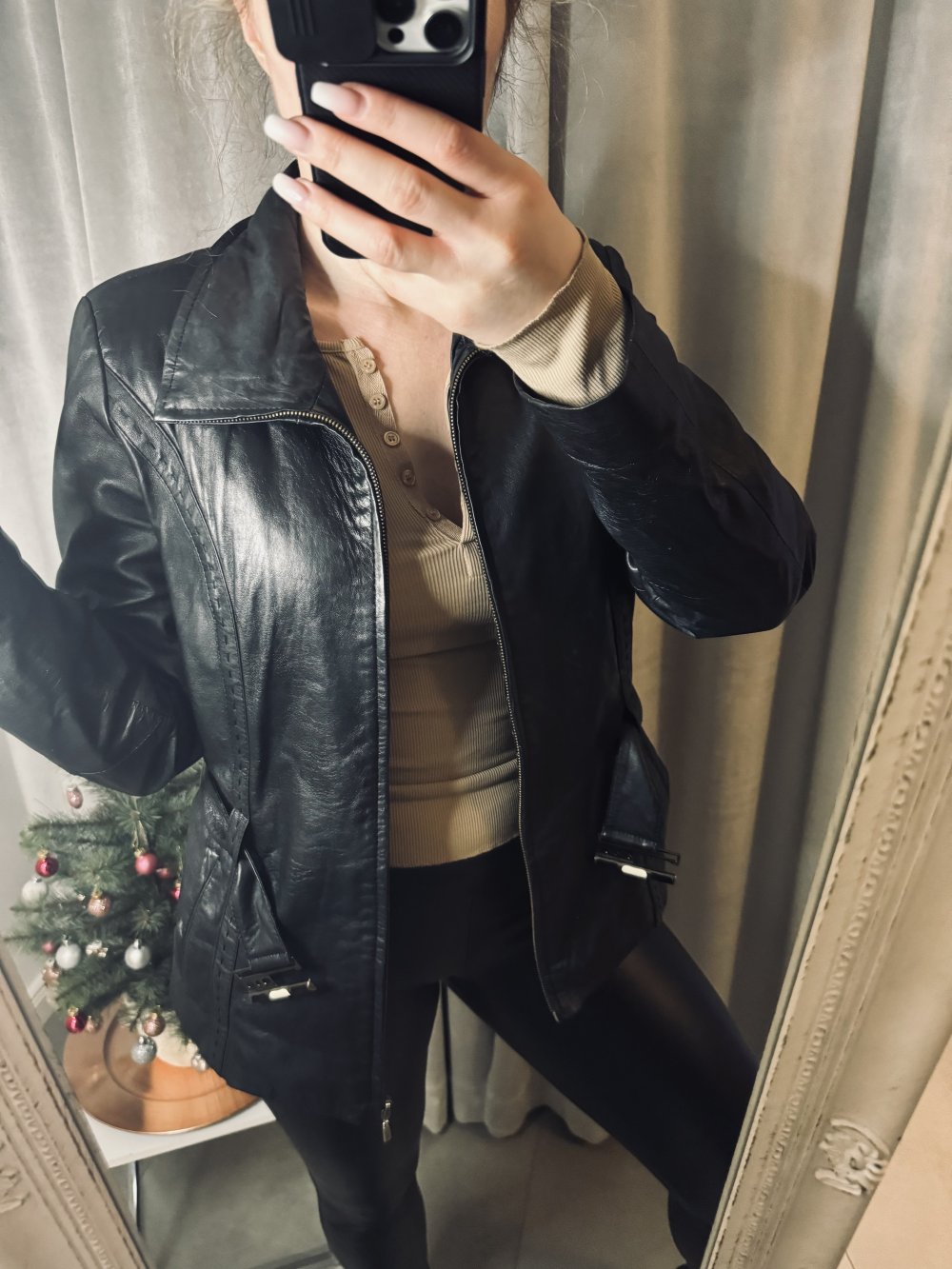 Schöne Lederjacke Damen Jacke Leder Gurt Schwarz Echt Leder Vintage Gealtert Top