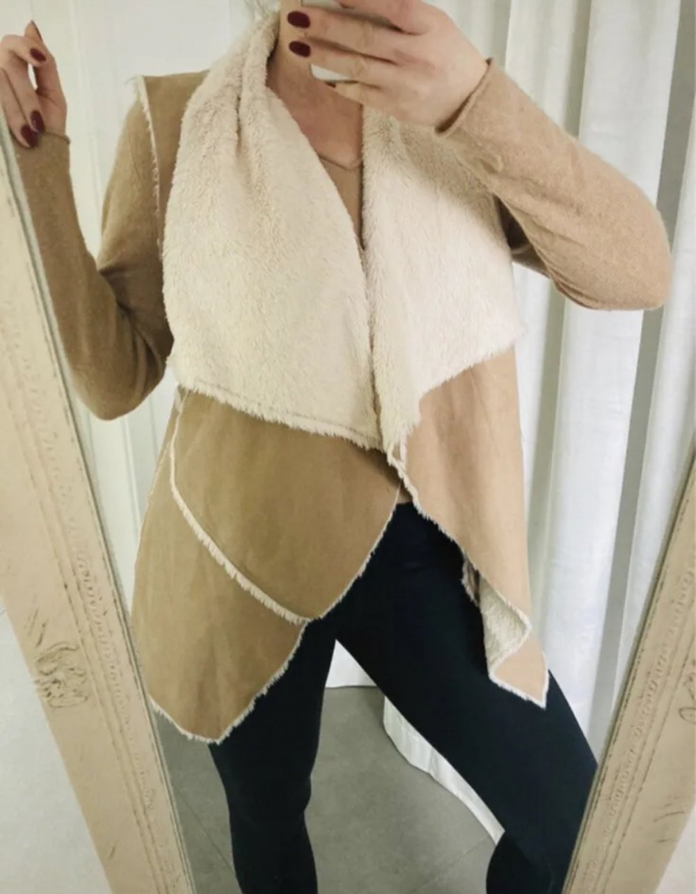 Schöne Weste Wildleder Optik Beige Ärmellos Kuschelig Warm Creme Damen L Kragen