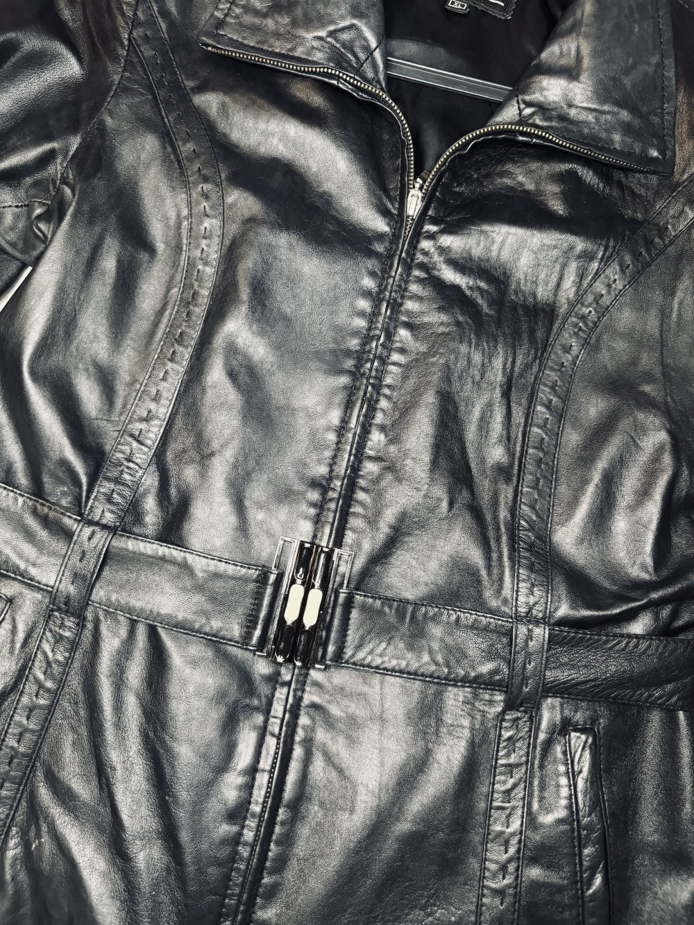 Schöne Lederjacke Damen Jacke Leder Gurt Schwarz Echt Leder Vintage Gealtert Top