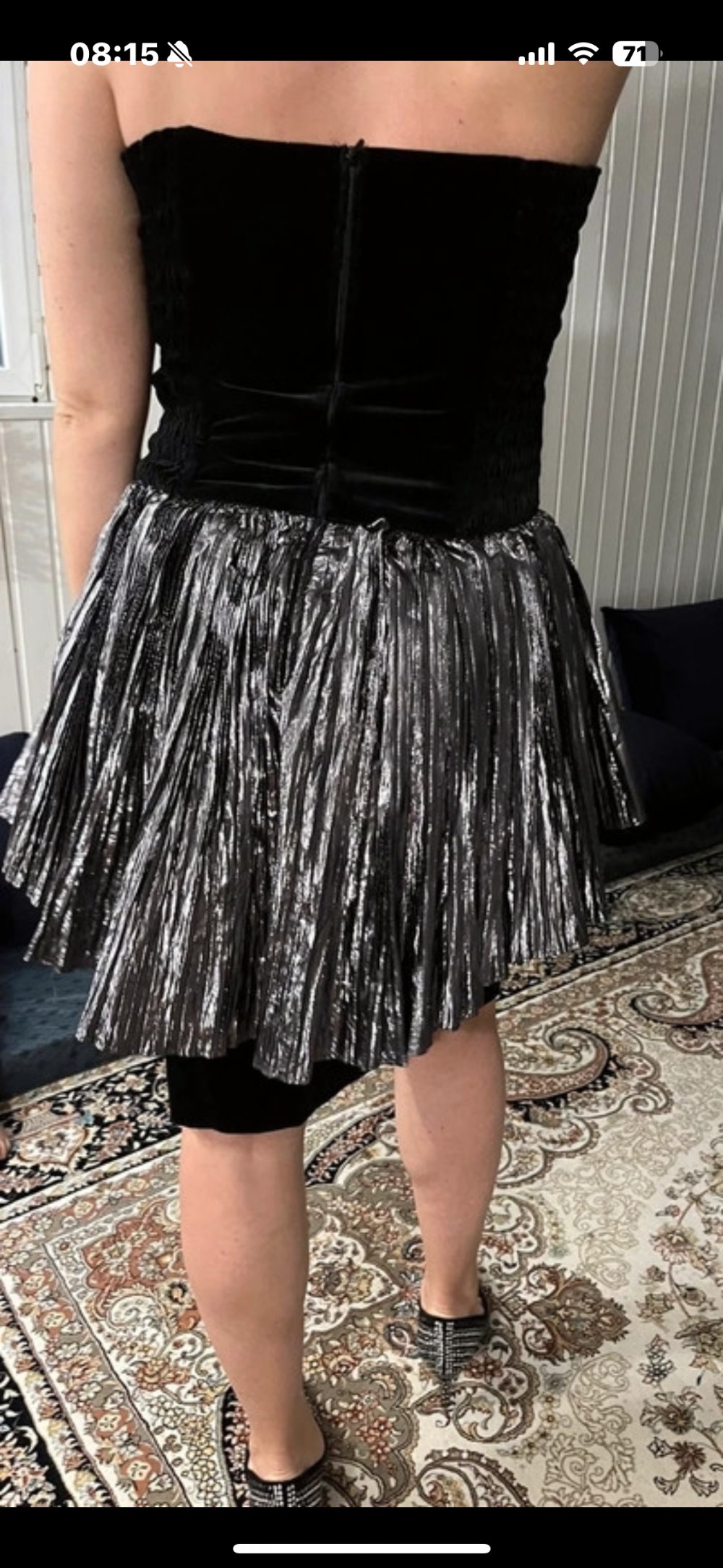 Schönes Kleid Midikleid Samt Blume Spitze Knielang Plüsch Damen Schwarz Metallic