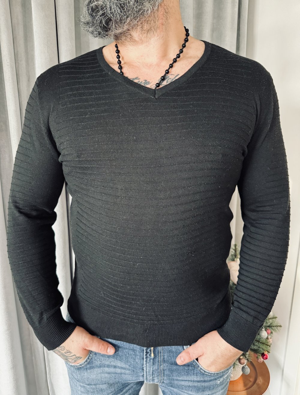 Schöner Herren Pullover Strick Strickpullover V Ausschnitt SHEIN L Schwarz Top