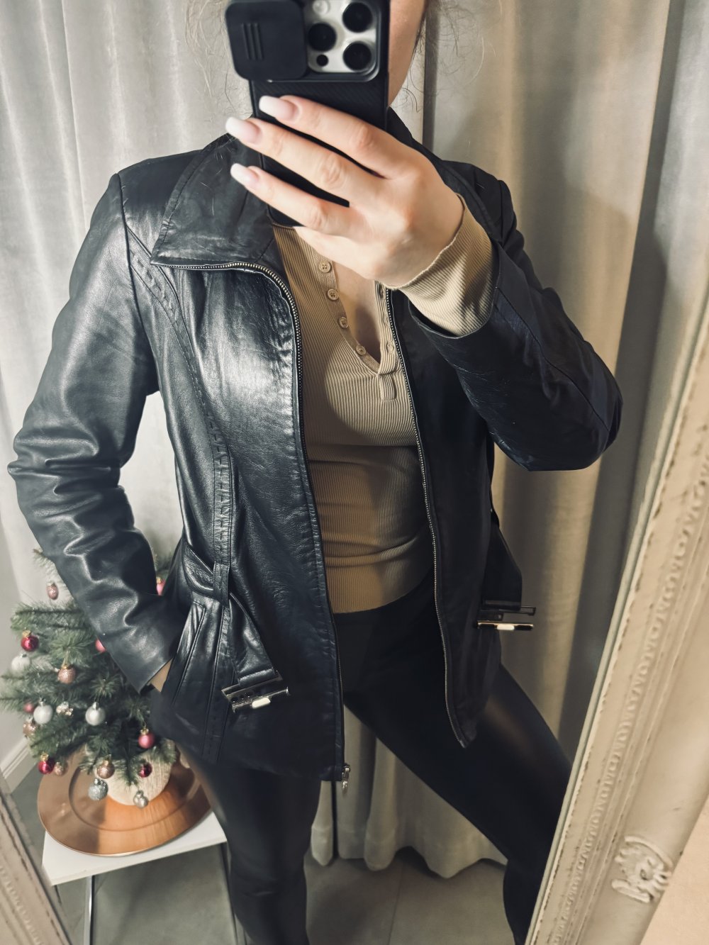 Schöne Lederjacke Damen Jacke Leder Gurt Schwarz Echt Leder Vintage Gealtert Top