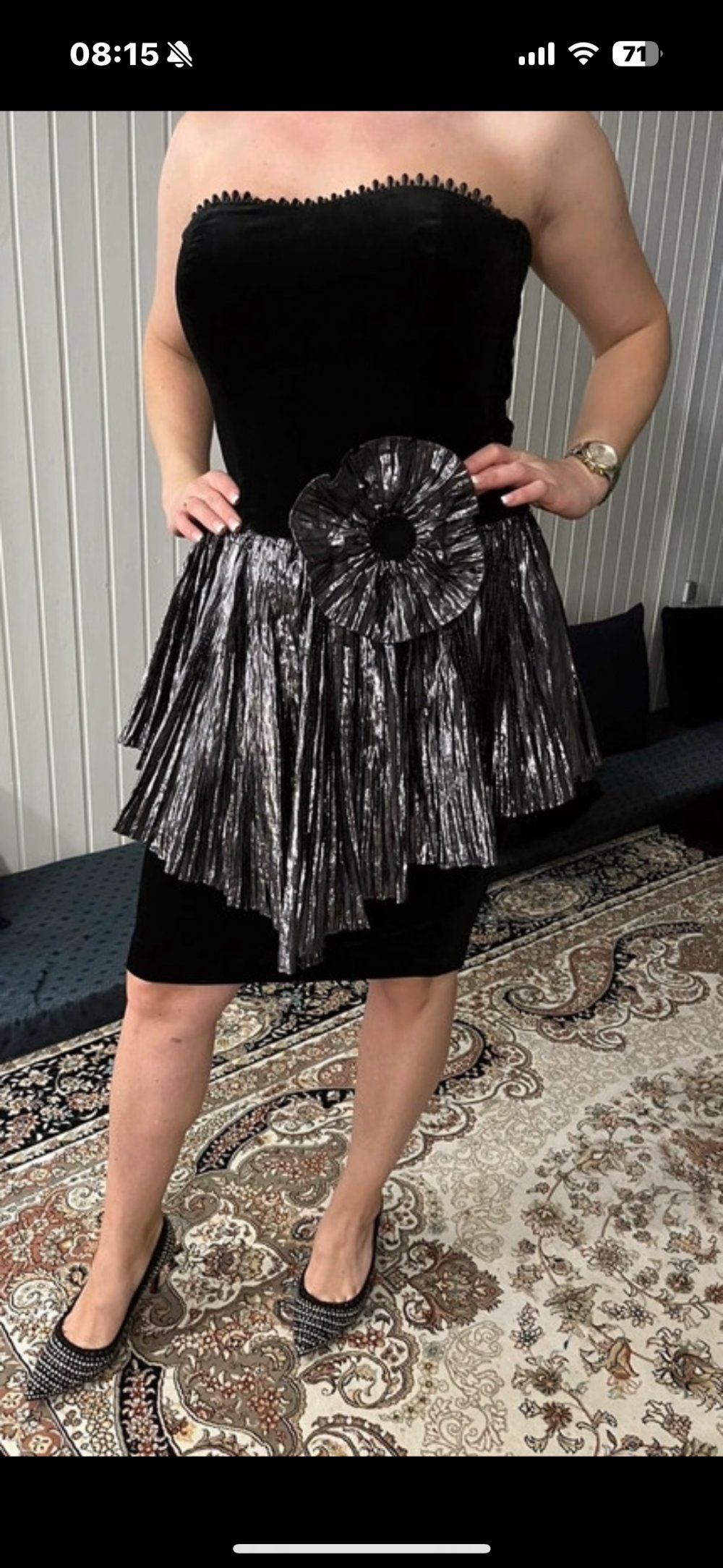 Schönes Kleid Midikleid Samt Blume Spitze Knielang Plüsch Damen Schwarz Metallic