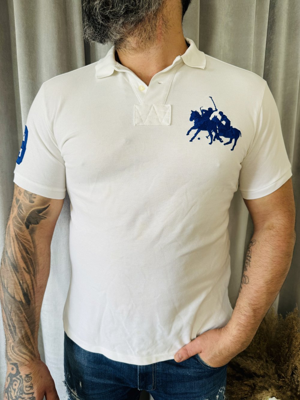 Schönes Polo T-Shirt Ralph Lauren L Kragen Knöpfe Herren Weiß Shirt Oberteil
