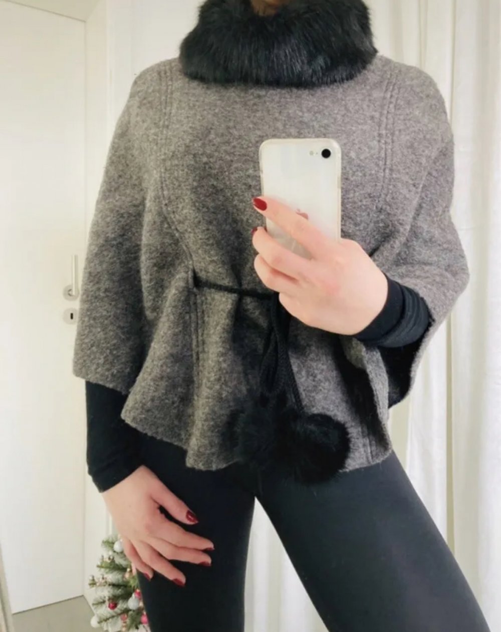 Poncho Cape Fellkragen Kunstpelz Übergang Kuschelig Filz Filzponcho Frühling S