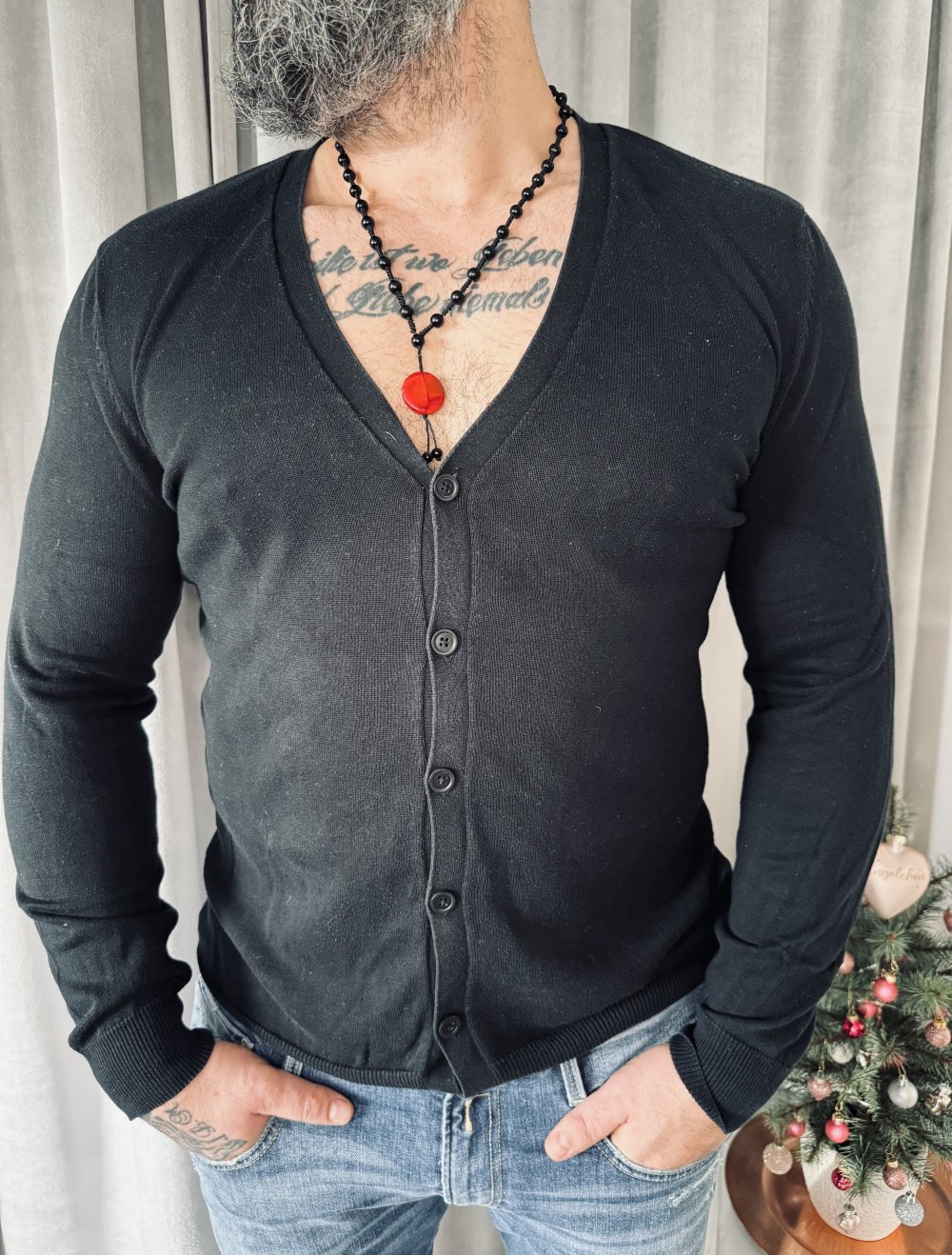 Pullover Herren Strick Strickpullover Strickjacke Ausschnitt Knöpfe Langarm L