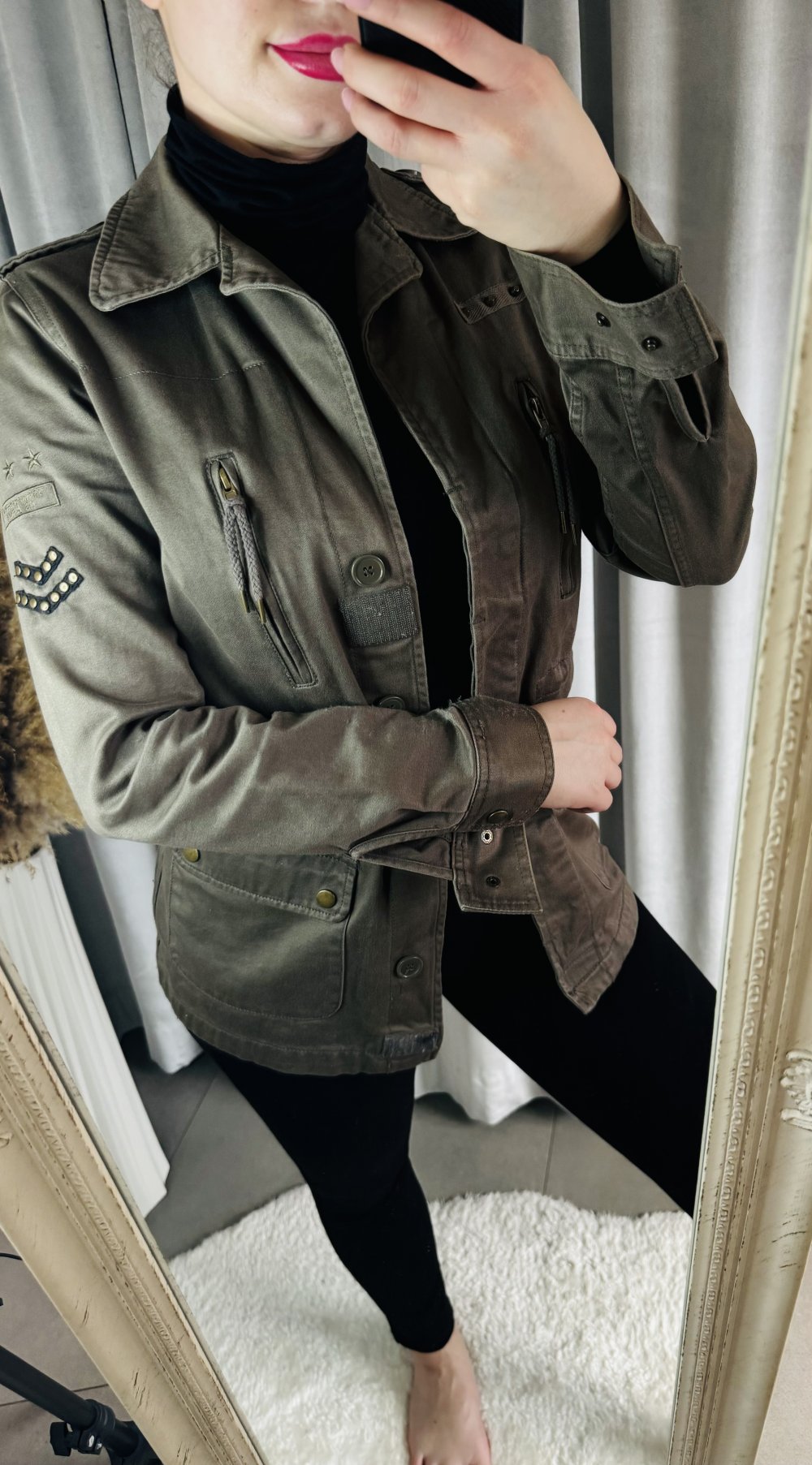 Schöne Jacke Utility-Jacke Utility Damen Taillienkordelzug Kragen Nieten Taschen