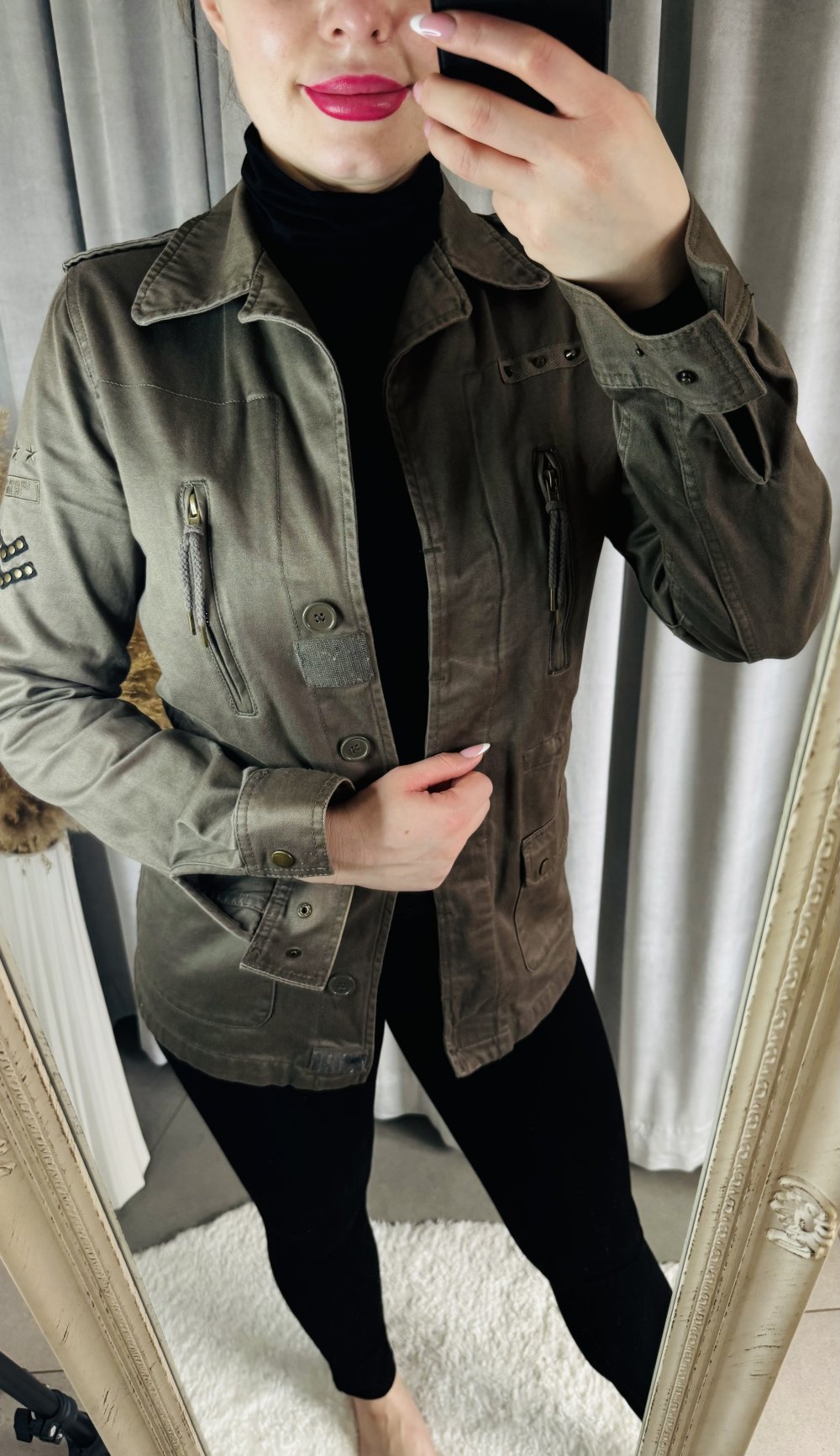 Schöne Jacke Utility-Jacke Utility Damen Taillienkordelzug Kragen Nieten Taschen