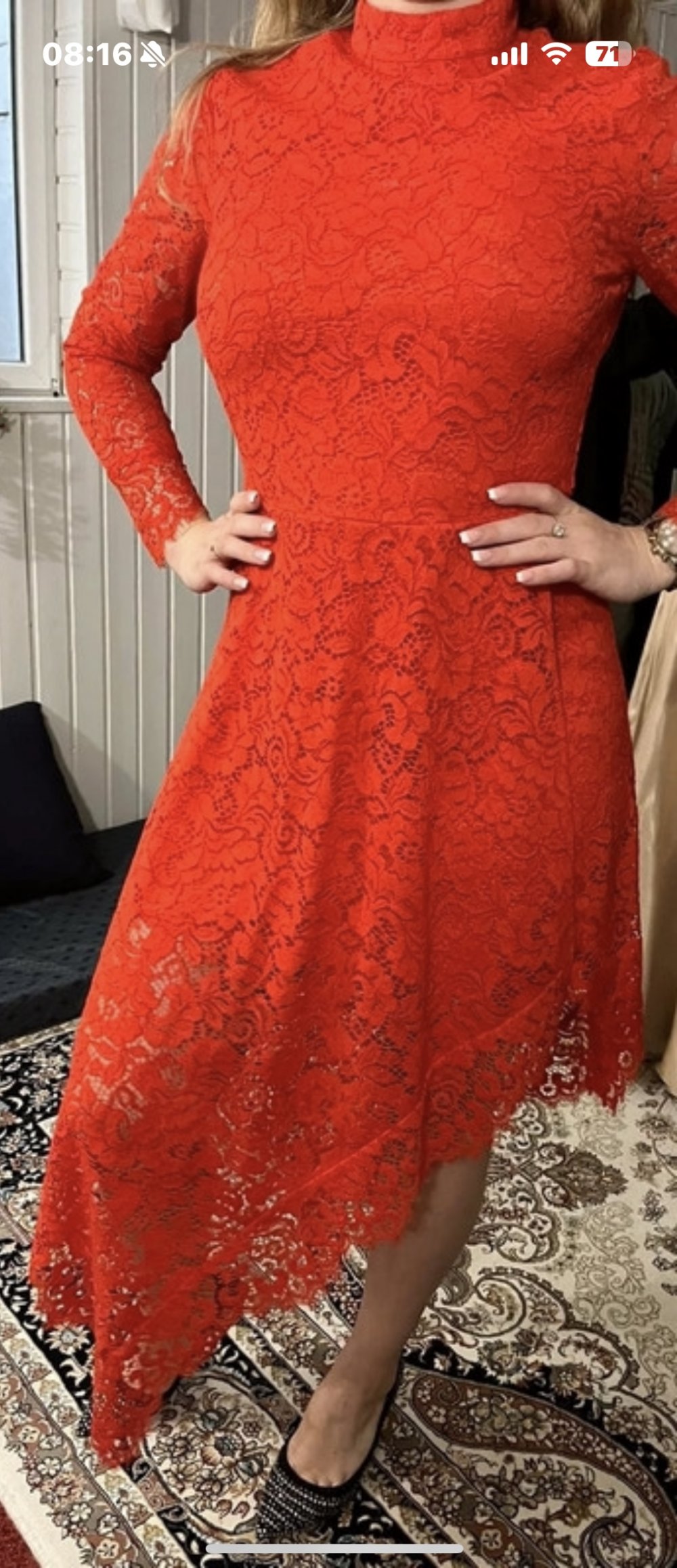 Schönes Kleid Midikleid H&M Spitze Langarm Rot Damen Elegant A-Linie Partykleid