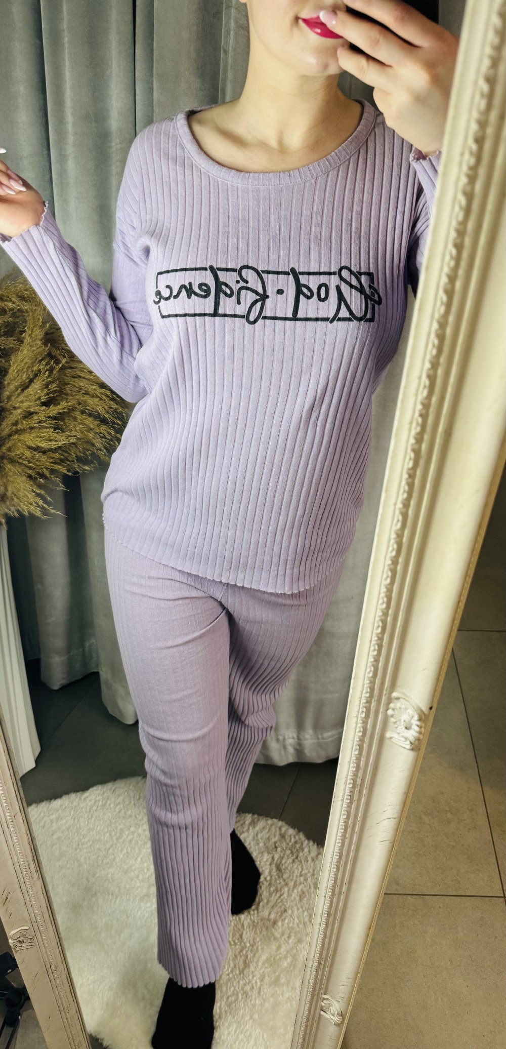 Schöner Hausanzug Homewear Anzug Set Zweiteiler Bequem Flieder Damen Aufdruck XS