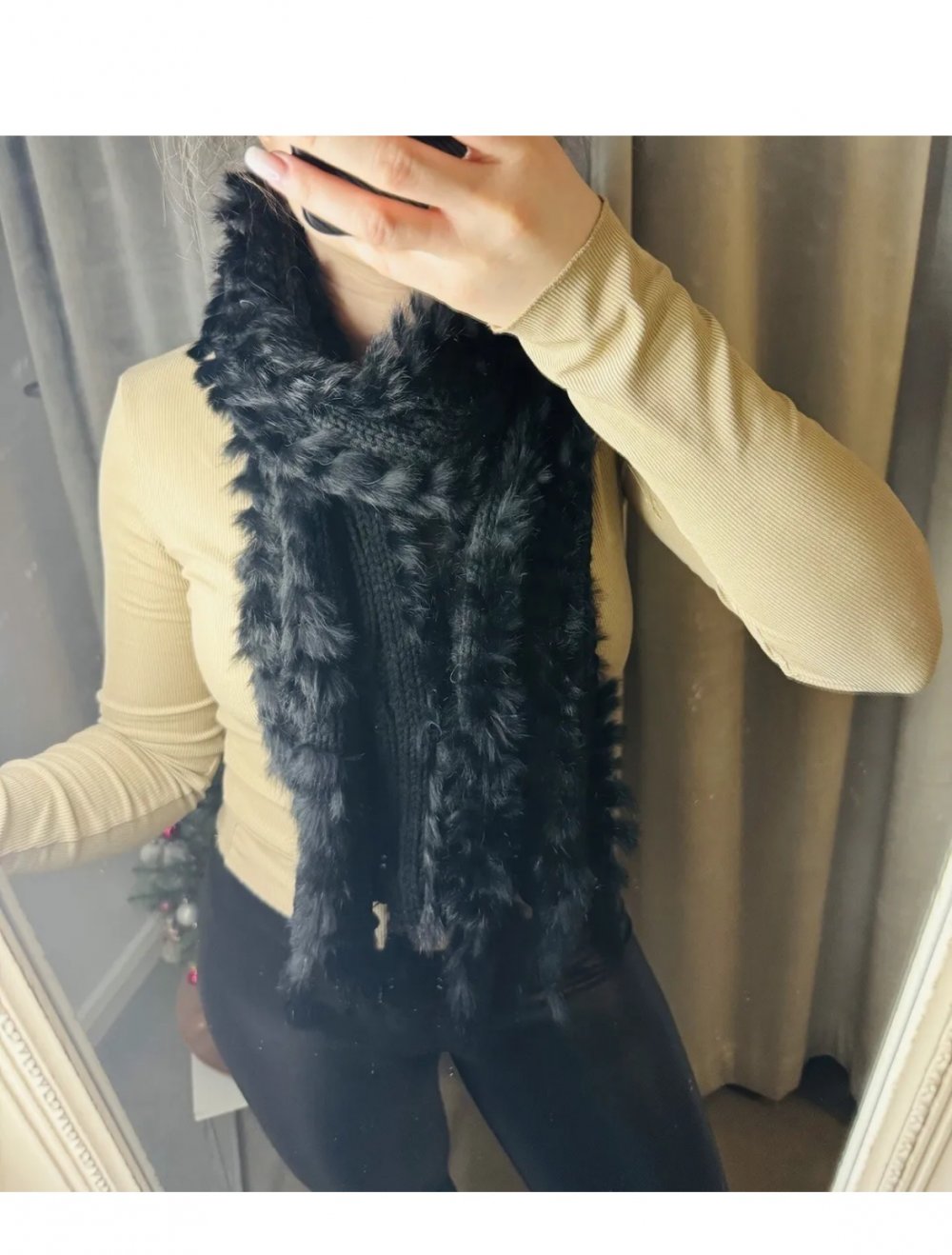 Schöner Schal Strick Strickschal Echt Pelz Fell Schwarz Winterschal 200 X 15cm