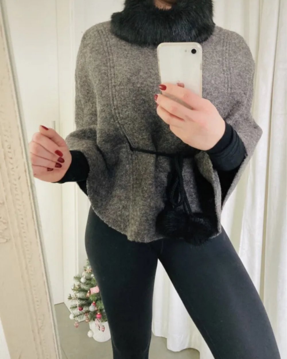 Poncho Cape Fellkragen Kunstpelz Übergang Kuschelig Filz Filzponcho Frühling S