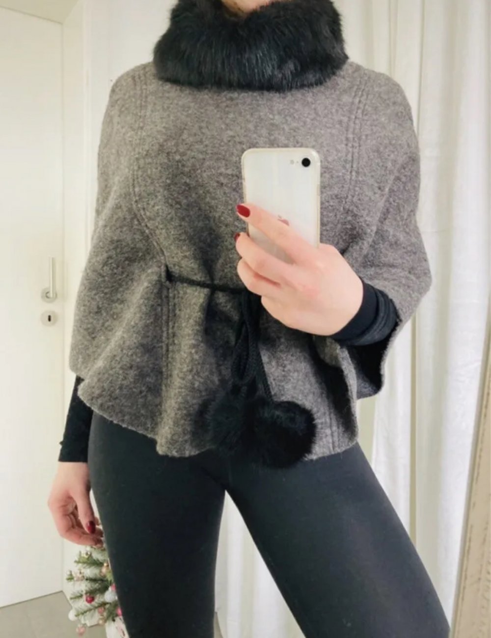 Poncho Cape Fellkragen Kunstpelz Übergang Kuschelig Filz Filzponcho Frühling S