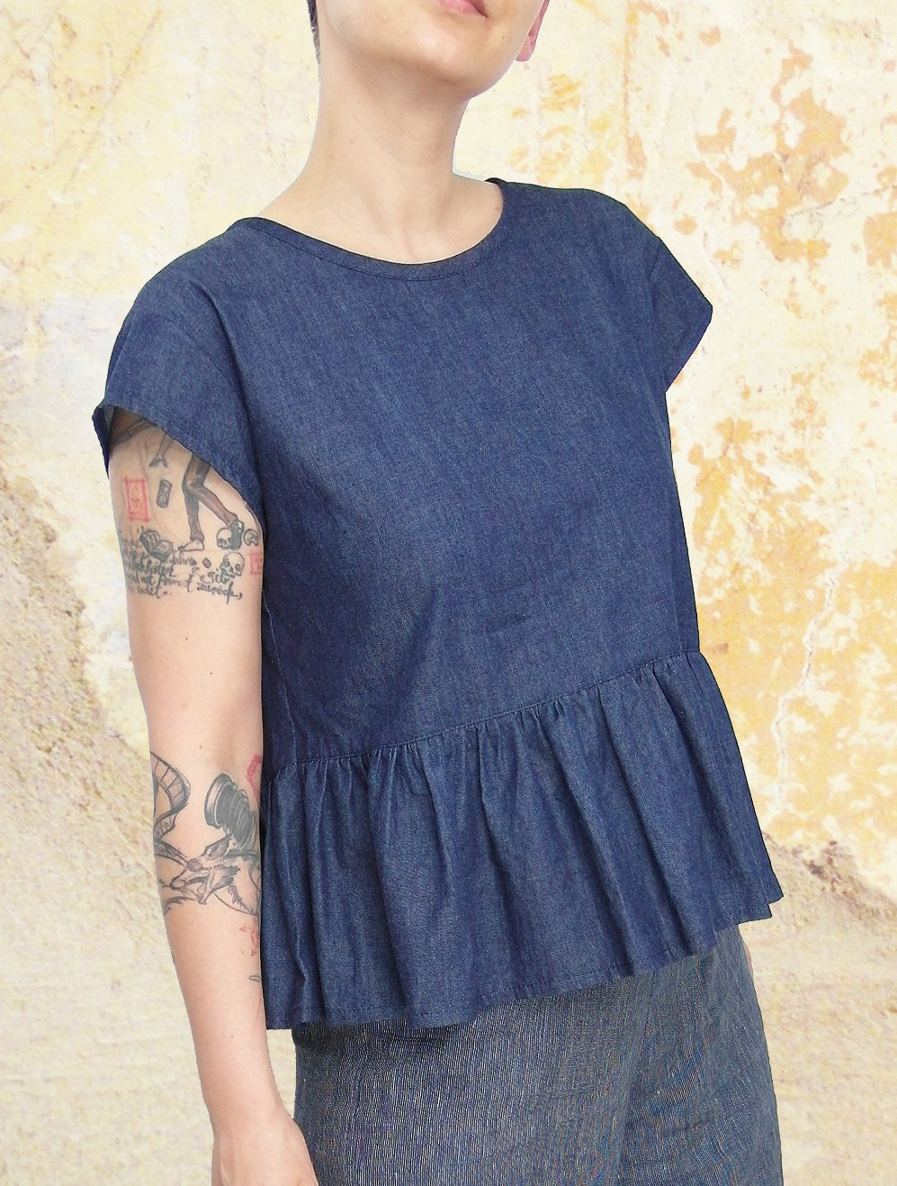 Jeansbluse Gr. S Shirt mit Rüsche Bluse Denim