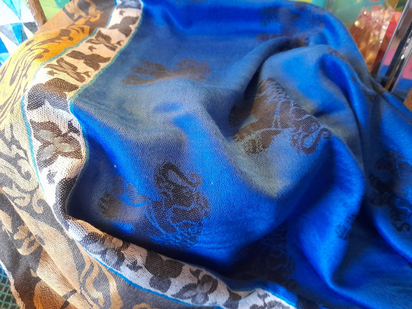 216.-, NEU! 100% Luxus- Kaschmir 182 x 70 cm XL Stola Schal Umhang, NEU! Asien Elefanten, royalblau!